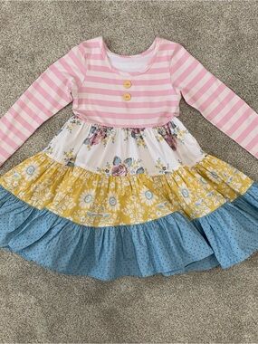 Tabitha Twinkle 5-6 Pink Stripe and Floral Tiered Dress